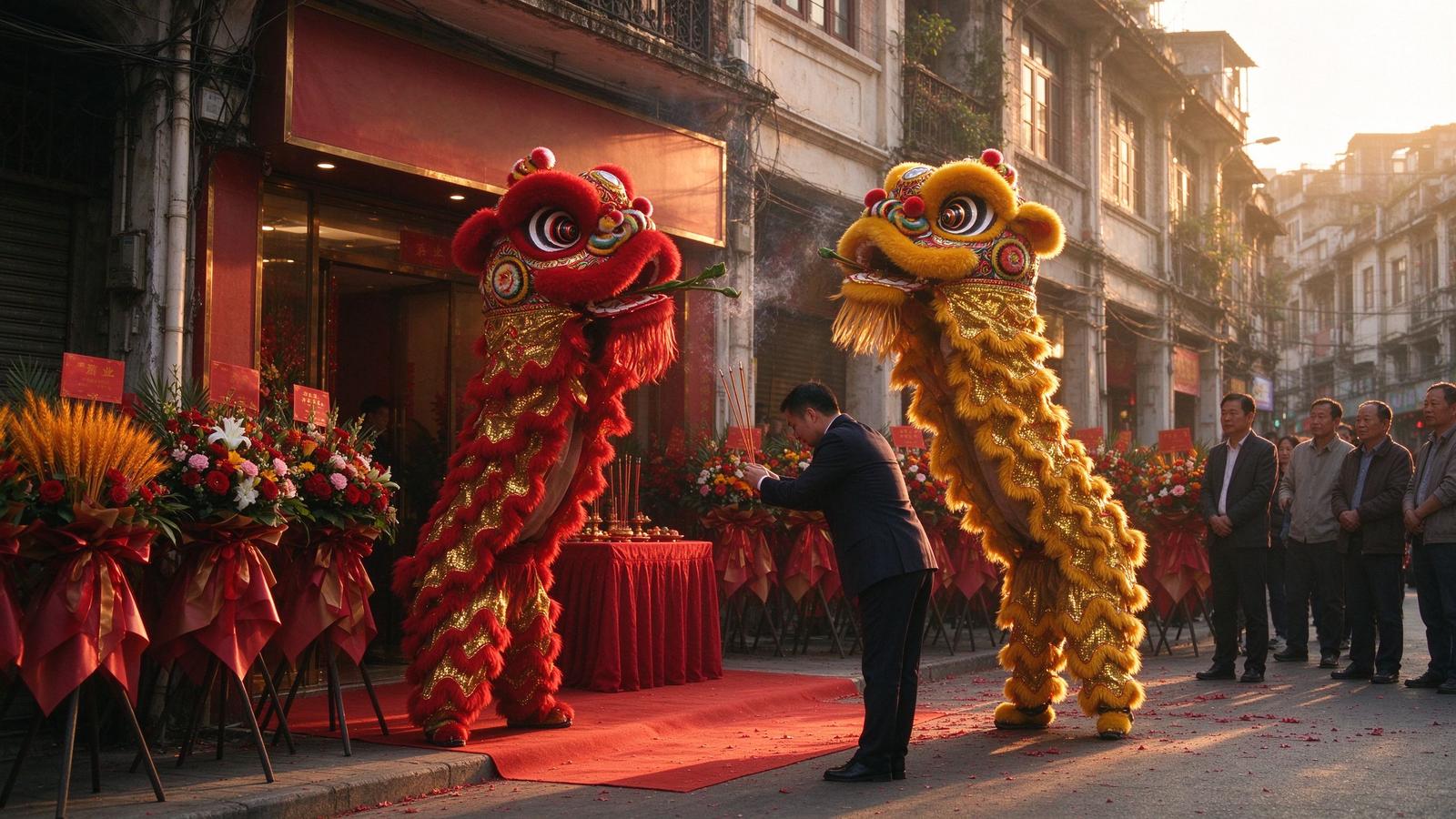 广州佛山店铺开业醒狮采青与店主持香拜神流程