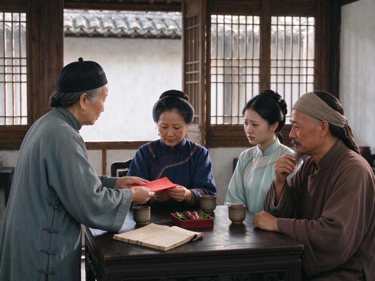 清代厅堂内，媒人把另择吉日的素面红纸帖推向中年父母与待嫁女儿，桌上摊开字页虚焦的通书，旁有茶盏与盛槟榔的礼盒