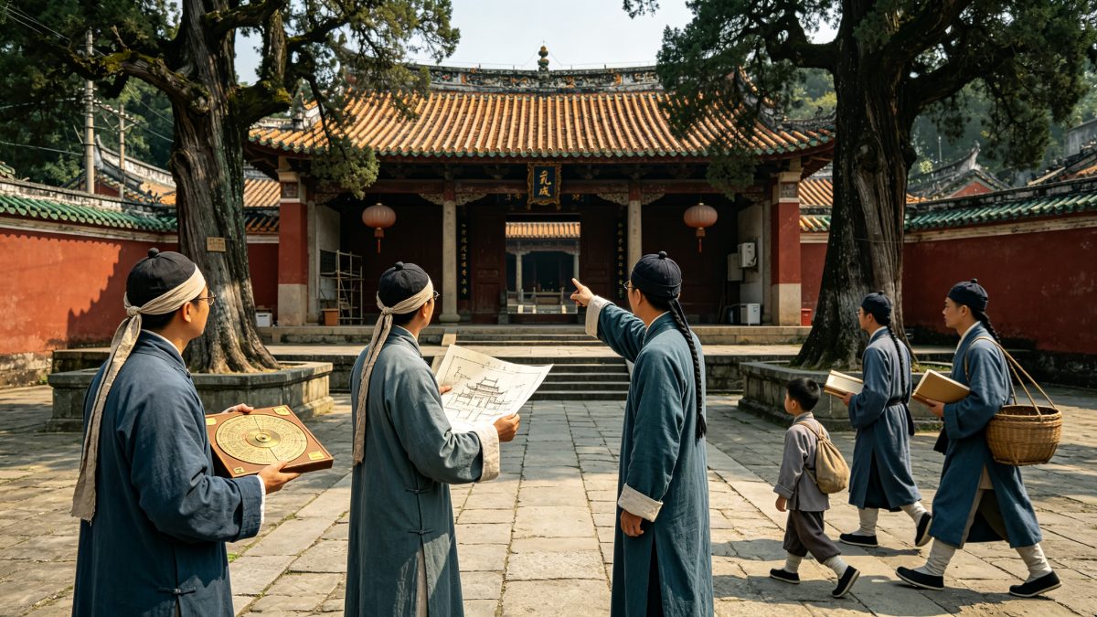 古代士人在学宫基址持罗盘勘定朝向，官员随从在旁，文庙殿宇在侧