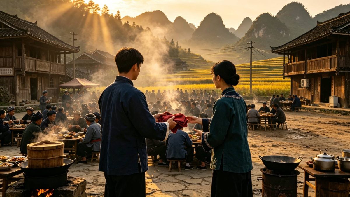 图：清代广西苗猺山寨七月耍秧歌会，黄昏暖光下众人屠豕椎牛、共牢聚食，一对青年男女在人群侧旁答歌，男子递出一方红巾，远山吊脚楼与梯田，纪实人文摄影