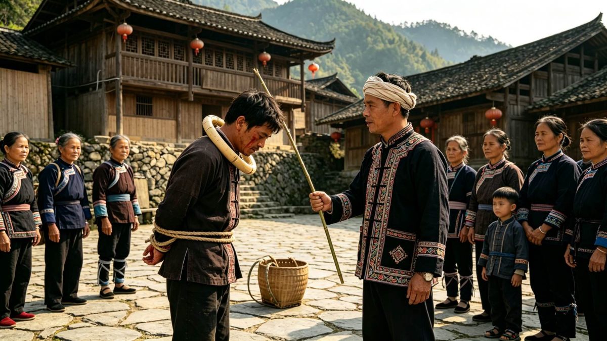 图：清代连山八排瑶寨白天的石板坪上，一次“下头箍”示众，偷盗者低头侧身、头套浅色竹圈，一名缠头巾穿刺绣衣的族人手执细竹枝当众问诫，数位瑶族男女老少侧身围观、神态肃然，背景吊脚楼青石寨墙与青山，画面明亮克制、无血腥