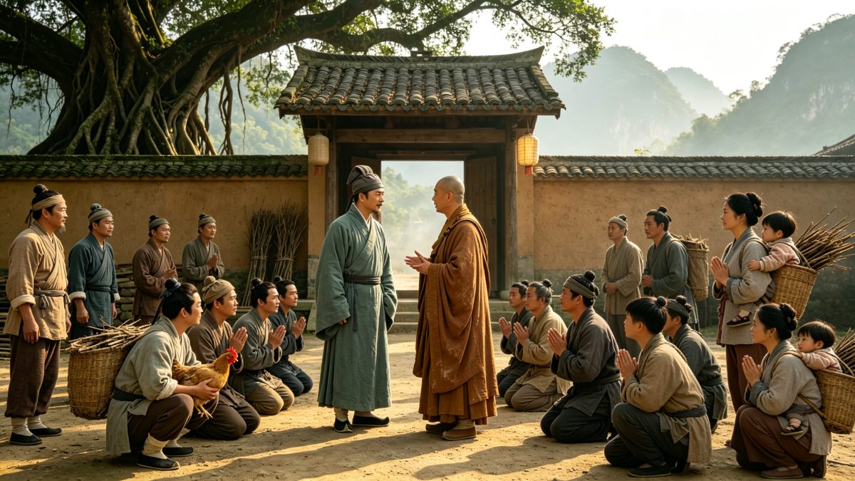 唐代官员在重修的寺院前榕树下向围坐民众讲教，僧人在旁，寺匾无字