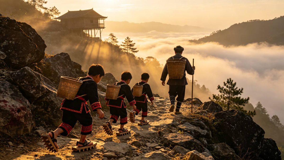 古代排瑶孩童穿长齿木屐在陡峭碎石山径上攀爬训练，成年瑶人在前引路