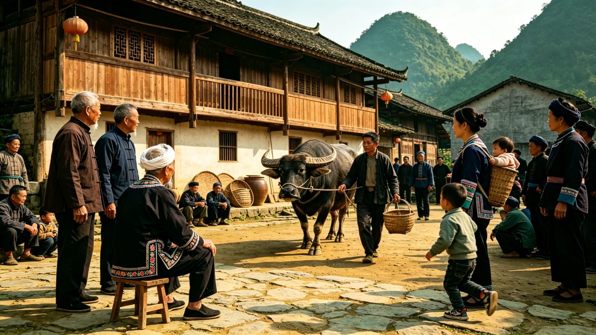 图：清代八排瑶寨白天古榕树下，缠青红头巾的老者手捧刻痕木契，向围坐的戴红尖雨笠青年讲述跨代旧仇，众人侧身倾听、神情肃穆，背景吊脚楼、青石寨门与喀斯特青山，画面明亮、无兵器与血腥