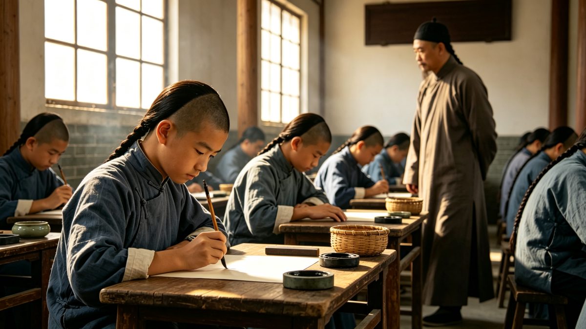 图：清代岭南县学白天的科考号舍内，成排木案纵深排列，青布长衫文童以侧身、半身伏案握笔答卷，一名长袍考官侧身缓步巡视，高窗明亮暖光，案上砚台笔墨考篮，卷面无文字