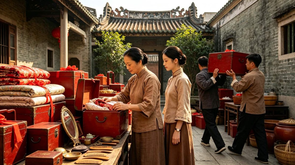 图：清代岭南宅院白天，母亲与待嫁女儿侧身整理成抬的红漆嫁妆箱、成匹布匹、铜镜木梳与被褥，箱笼成堆，几名帮工侧身抬箱，人物神情略带心事，日光通明，场面铺张显出厚嫁之累，无悲泣或死亡画面