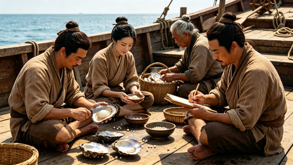 白天采珠船甲板上，几名短褐珠户围坐开蚌取珠，一人持刀剖开珠母贝、一人捧粗陶小碟承接、一人搬运竹篓蚌壳、一人侧身持无字筹册登记，动作各异，近景珠母贝与几粒小珠，暖光明亮