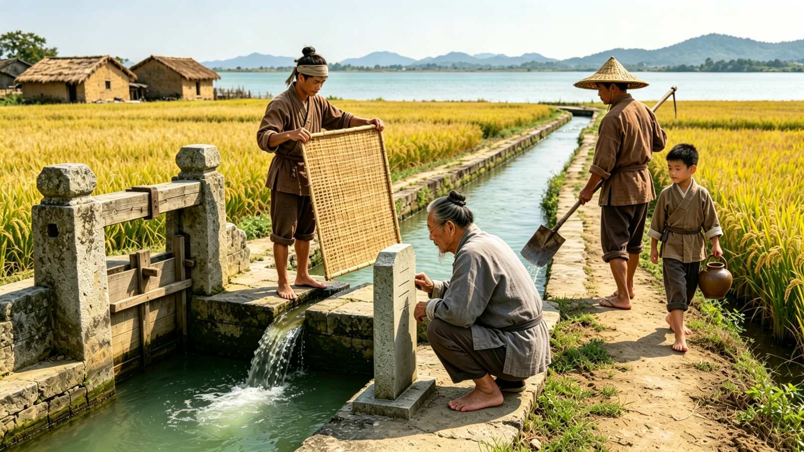 特侣塘青石大闸前，赤脚闸夫以竹箔探堵无板闸口，长衫老者蹲身就着闸旁刻字石碑核验水位，渠水正被引入稻田