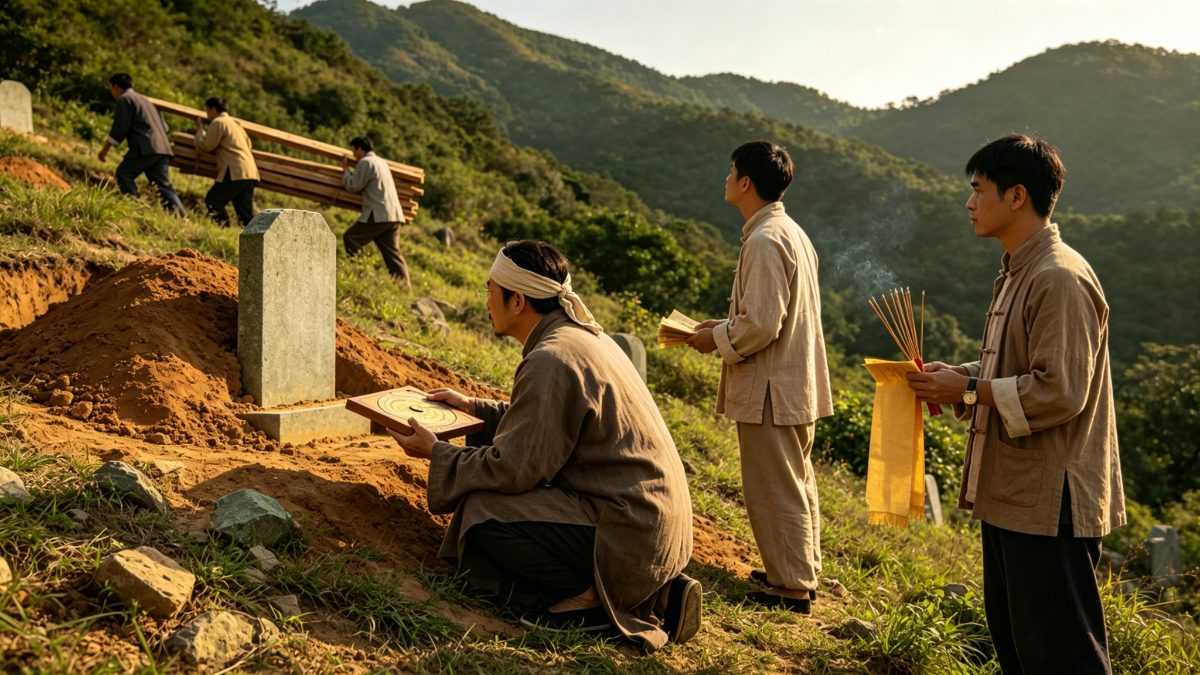 古代堪舆先生在岭南山野间相度地势、为墓地选址
