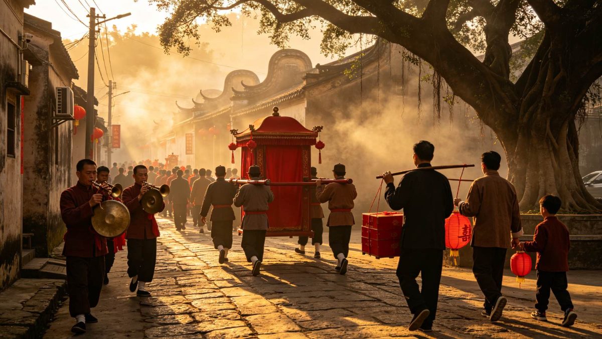 古代岭南汉族亲迎：鼓乐前导、花轿随行的迎亲队伍