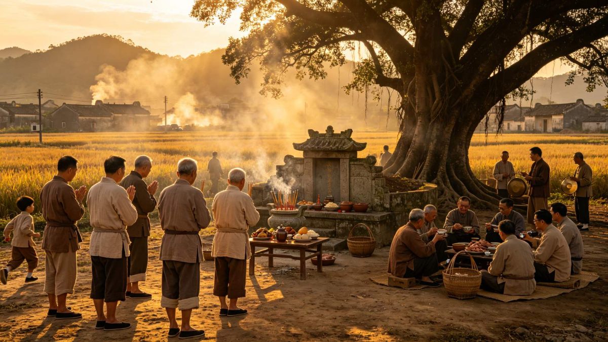 古代岭南村社春社：里民在露天社坛前聚祭、分社肉会饮的集会场景