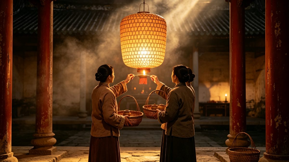 图：正月十六，村民携竹篮油盏到社坛花灯下分火