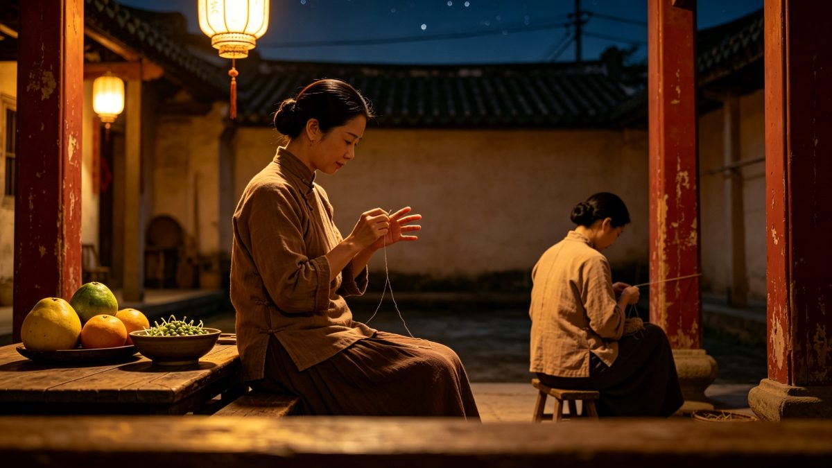 图：七夕夜，岭南庭院中妇女就星光穿针乞巧，案陈瓜果与浸豆芽的陶碗