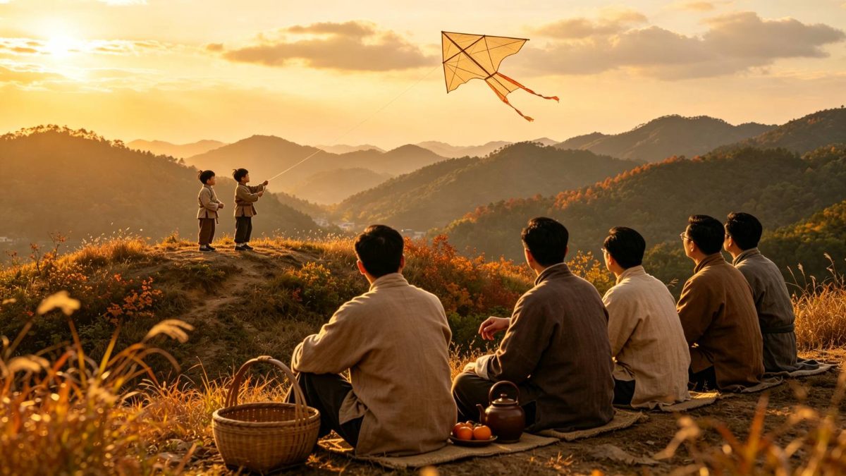 图：重阳日岭南山坡高处，亲朋席地置酒果，童子放飞素面纸鸢，远山层叠