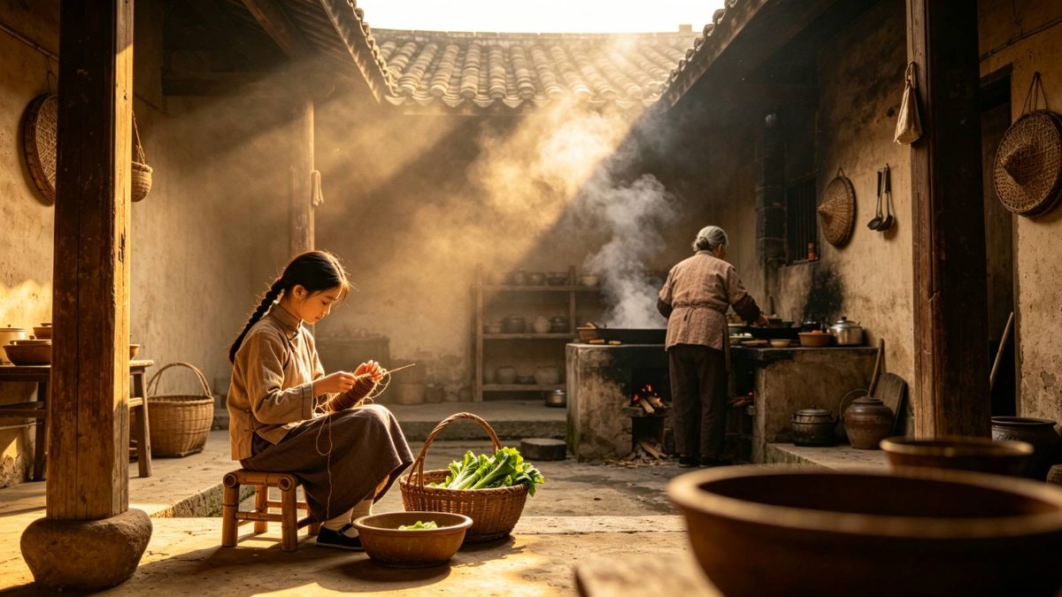 图：岭南旧民居天井中，梳辫少女坐在小凳上纺线择菜，旁有老妇与竹篮粗陶，晨光暖棕