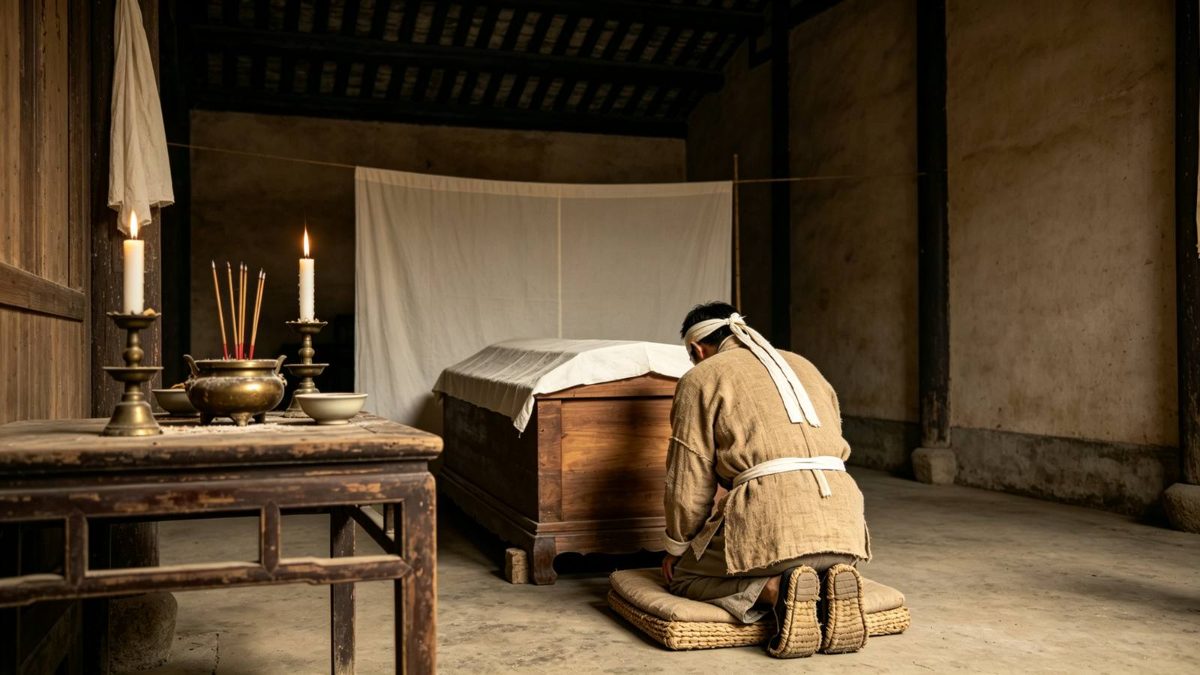 图：岭南旧民居厅堂内，素木棺覆白布停于堂中，供桌烛台香炉，孝子着麻衣草屦以背影跪伏行朝夕奠，素幔无字