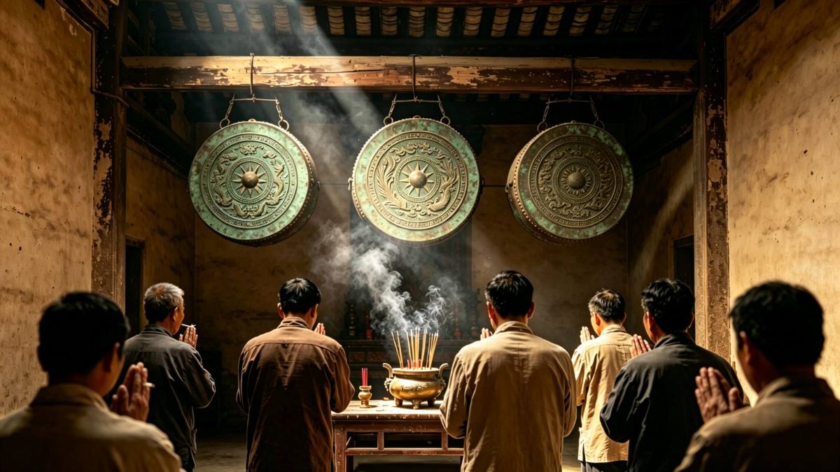 图：岭南古旧庙堂内，三面斑驳青铜鼓悬于梁架，鼓面为太阳纹与翔鹭纹等古铜鼓纹样，乡民背影在香炉前祭拜，香烟与暖暗光