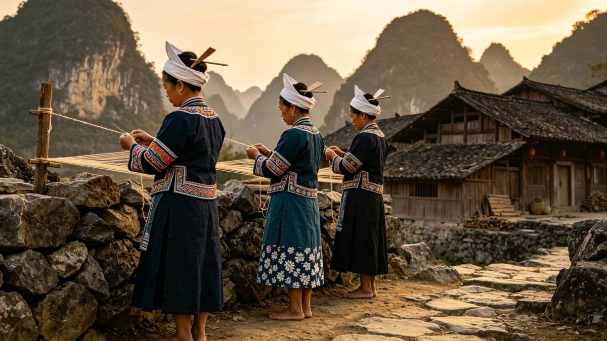 图：岭南山地瑶寨中，几名八排瑶妇女着青布五色绒刺绣上衣、髻上插白色角形簪饰与三角薄板头饰、跣足，侧影立于巉岩石寨间
