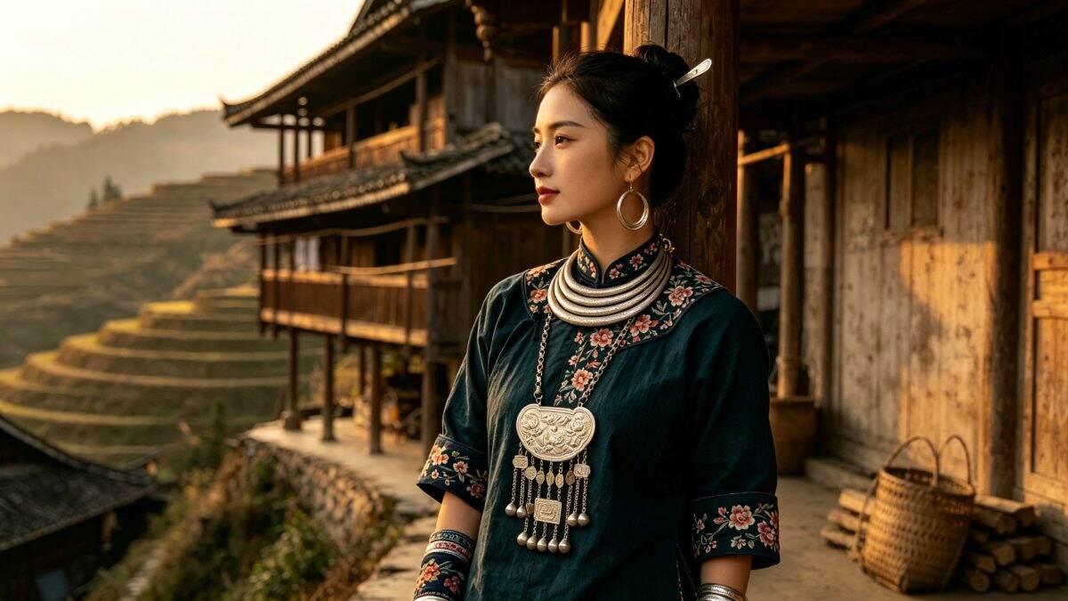 图:桂北山地木楼前,一名龙胜苗人女子侧身而立,额前挽髻插银簪、耳戴大银圈、颈套项圈、胸前垂银牌,青布花领短衣、花布裹腿、赤足,银饰呈手工老银哑光质感