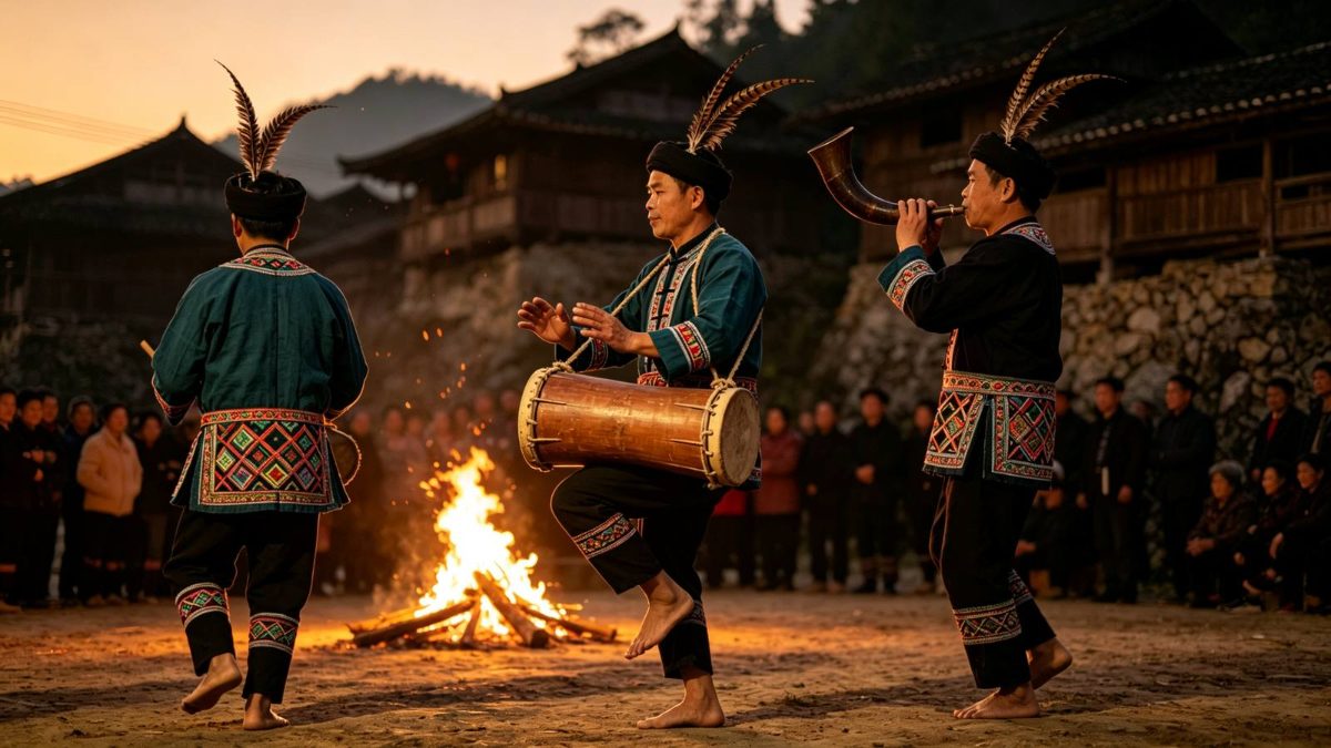 图：连山八排瑶寨前坪坝上，一群椎髻插雉鸡毛、着五色绣衣、跣足的八排瑶男女围圈吹牛角、击腰鼓形长鼓、踏节起舞，巉岩石寨与收获后梯田为背景，篝火暖光