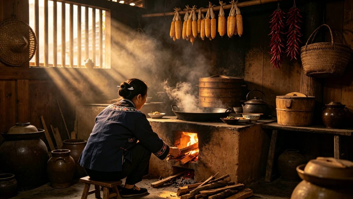 图：龙胜苗寨吊脚楼灶屋内，一名苗妇背影蹲坐灶前添柴，灶膛暖红火光，屋内粗陶罐、木甑、竹器与悬挂的玉米，炊烟与晨光，日常生活气息，无虫无药、无符咒神像