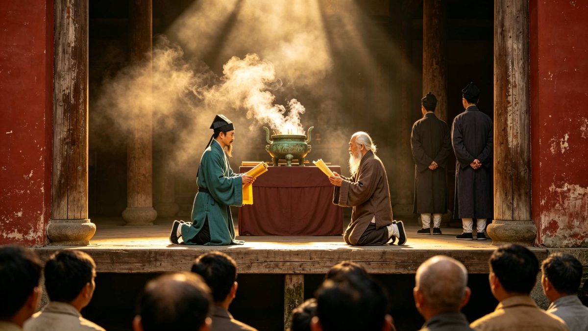 清代讲约所朔望宣讲：司讲生登台、木铎老人跪捧上谕宣读，官员与军民环列肃听