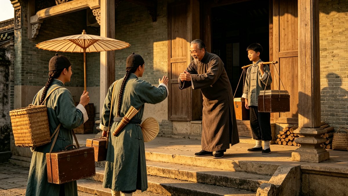 图：岭南清代祠堂式宾兴馆门前，几位青布长衫、背书箱的赴考士子拱手作别，乡绅长者在阶前相送、递赠盘缠包袱，青砖墙麻石台阶，晨光暖金，建筑素面无匾联文字